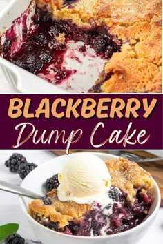 blackberry dump cake in a white bowl with ice cream on top