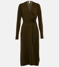 Wool and cashmere wrap dress in green - Jardin Des Orangers | Mytheresa Chic Cashmere Fall Dress, Chic Cashmere Dress For Fall, Elegant Winter Cashmere Dress, Elegant Cashmere Dresses, Elegant Cashmere Dresses For Fall, Chic Cashmere Midi Dress, Long Sleeve Cashmere Work Dress, Long Sleeve Cashmere Dress For Work, Long Sleeve Cashmere Dresses For Work