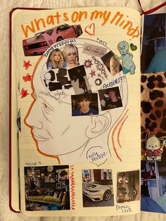 an open notebook with pictures of people and cars on it, along with the words what's on my mind