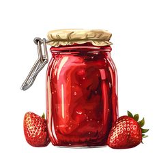 a red jar with strawberries on it and a pair of tongs next to it