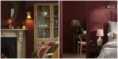 two pictures of a bedroom with red walls and furniture