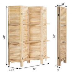 a wooden room divider is shown with measurements for the size and width to it