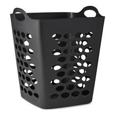 a black plastic basket with holes on the side and handles, sitting against a white background