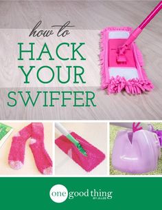 a pink mop sitting on top of a wooden floor next to cleaning gloves and dust