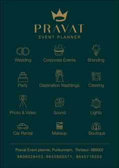 the logo for pravat event planner is shown on a dark green background with gold lettering