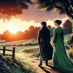 two people standing on a path looking at the sunset