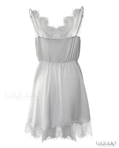 Lasaky - Spaghetti Strap Contrast Lace Satin Nightgown Summer Lace Slip Dress For Loungewear, Lace Trim Cami Sleep Chemise, Summer Nightgown With Spaghetti Straps And Lace Trim, Sleepwear Cami Chemise With Lace Trim, Camisole Dress With Delicate Straps For Wedding Night, White Slip Dress With Delicate Straps For Sleep, Night Dresses With Spaghetti Straps And Lace Trim, Spaghetti Strap Lace Trim Night Dresses, Summer Bedtime Cami Dress