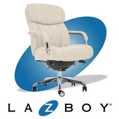 a white leather office chair with the la z boy logo in front of it on a blue and white background