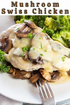 a white plate topped with chicken covered in mushrooms and gravy next to broccoli