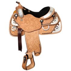 a brown and white saddle with black accents