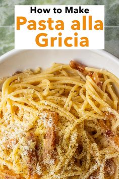 pasta alla grigia in a white bowl with text overlay that reads how to make pasta alla grigia