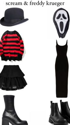 the scream and frilly kruger costume is shown in black, red and white