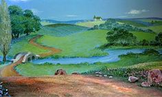 a painting of a country road and river