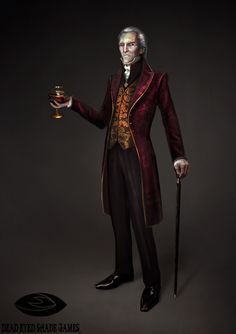 a man dressed in an old fashion outfit holding a small cup and standing next to a cane