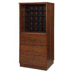 a wooden cabinet with two drawers on one side and an open drawer on the other