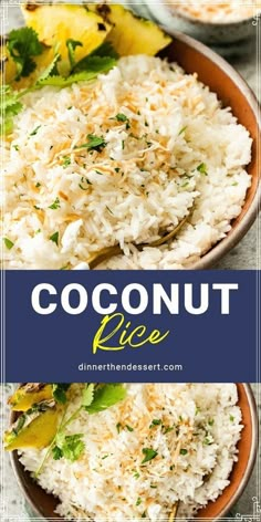 coconut rice in a bowl with text overlay