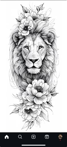 a black and white drawing of a lion with flowers on it's head, in front of an iphone screen