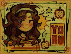 a drawing of a girl with long hair and stars on her head, in front of a sign that says yoru