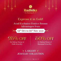 Radhika Jewellers offers an Exclusive Festive Discount on Quintessentially Indian Jewelry. Come, explore these pieces of jewelry with discounts on Making Charge of Gold & Diamond pieces. Hurry up! Offer valid from 12th Oct 2020 to 15th Nov 2020. . . . . . . . . #radhikajewellersrajkot #radhikajewellers #radhikajeweltech #radhika #jeweltech #gold #offers #rajkot #traditionaljewellery #beautiful #life #kundanjewellery #indianbride #follow #mastercraftsmen #indianwedding #polkijewellery #weddingi Radhika Jewellers Rajkot, Polki Jewellery, Large Jewelry, Creative Video, Kundan Jewellery, Beautiful Life, Media Design