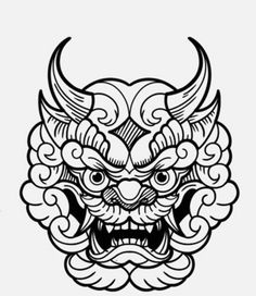 Shin Tattoo Stencil, Fu Dog Drawing, Japanese Hannya Mask Tattoo Design, Japanese Mask Design, Female Samurai Tattoo, Okinawa Tattoo, Japanese Cloud Tattoo, Oni Maske