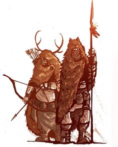 two cartoon characters standing next to each other with horns on their heads and holding swords