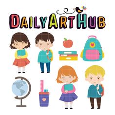 children with backpacks, books and school supplies are depicted in this graphic design for the daily