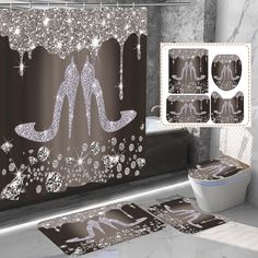 the shower curtain is decorated with high heeled shoes and butterflies on brown, white, and silver colors