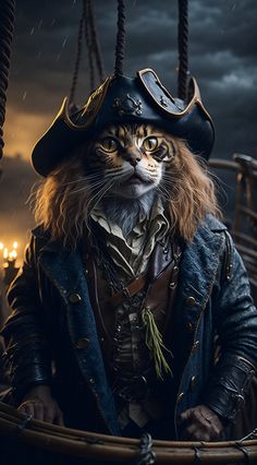 a cat dressed as a pirate on a ship