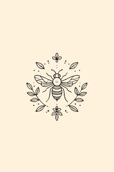 a black and white drawing of a bee surrounded by leaves