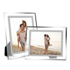 three frames with an image of two people on the beach and one is holding a child