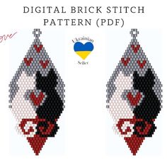 two cross stitch earrings with hearts on them and the words digital brick stitch pattern pdd