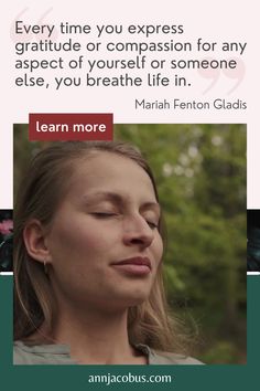 a woman with her eyes closed and the caption reads, every time you express gratitude or composition for any aspects of yourself or someone else