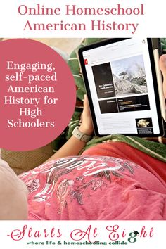 a person is holding an ipad with the words online homeschool american history on it