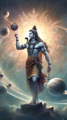 the god is standing in front of planets and holding a ball with one hand,