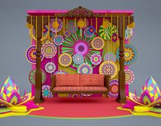 an artisticly decorated stage set with colorful decorations on the walls and floor, as well as a bench for seating