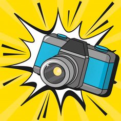 an image of a camera in the middle of a comic book style explosion with yellow and blue background