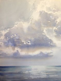 a painting of clouds over the ocean on a sunny day