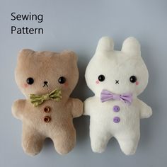 two teddy bears are sitting next to each other on a gray background with the words sewing pattern