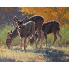 an oil painting of three deer grazing in the grass