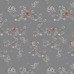 a gray background with orange flowers and leaves