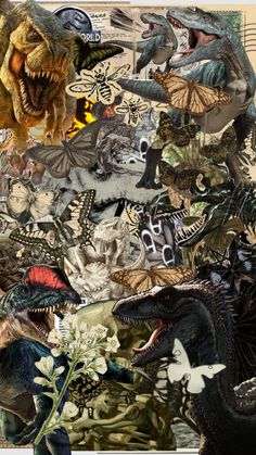 a collage of dinosaurs and other animals