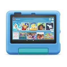 a blue children's tablet sitting on top of a white surface with an image of cartoon characters