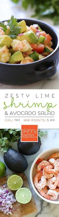 an image of shrimp and avocado salad with limes on the side in a bowl