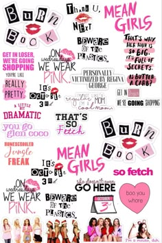 many different types of pink and black stickers on a white background with the words mean girls