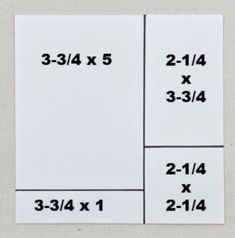 three square pieces of white paper with numbers on them