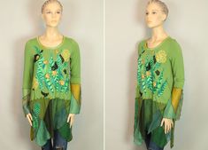 "Please consider this fabulous UpCycled  Shabby Chic green cotton knit top peplum design tunic blouse/ short dress embellished with vintage linen/ lace applique embroidered detail.  Asymmetrical Hem Raw Fringed Hem Lagenlook Art To Wear design. NOTE: I will be listing many more UpCycled clothes...: ) Please come back and see my other listings!   MEASUREMENTS: Bust: 19\" Sleeves: 25\" Length: 36\"   CONDITION: Pre owned/ UpCycled new condition (please see detailed pics).      PLEASE SEE ALL MY DETAILED PICTURES SINCE THEY ARE PART OF MY DESCRIPTION     IF YOU HAVE ANY QUESTIONS PLEASE DO NOT HESITATE TO ASK!" Green Patchwork Crew Neck Blouse, Green Long Sleeve Tunic For Spring, Green Crew Neck Blouse With Patchwork, Green Lagenlook Long Sleeve Blouse, Green Long Sleeve Tunic For Fall, Spring Fitted Lagenlook Blouse, Spring Lagenlook Fitted Blouse, Green Tunic Blouse For Fall, Fitted Green Tunic Tops