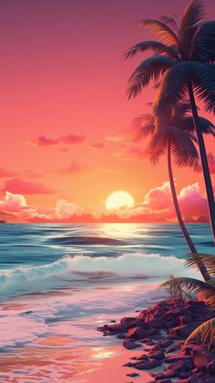 a painting of palm trees on the beach at sunset