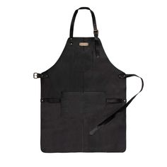 a black apron with two pockets on the front and one pocket in the back,