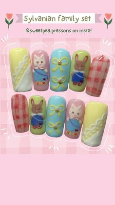 Easy Kawaii Nails, Sylvanian Families Drawing, Manga Nails, Retro Nails, Colored Acrylic Nails, Glow Nails, Nail Art Inspo