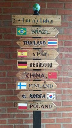 a wooden sign with many different countries on it